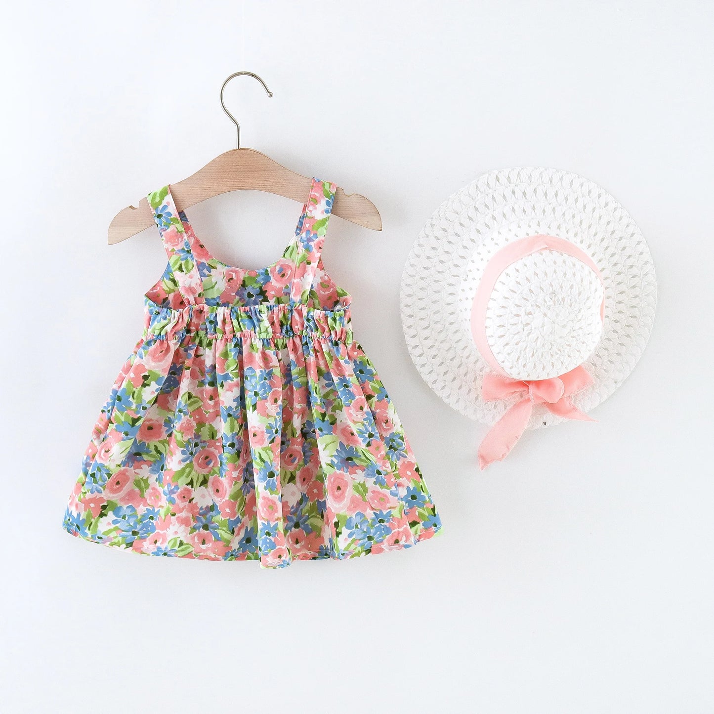 2Pcs/Set Flowers Baby Girl Dresses Summer Fashion Toddler Children Clothes Beach Smooth Dress Kid's Costume Hat 0 To 3 Y