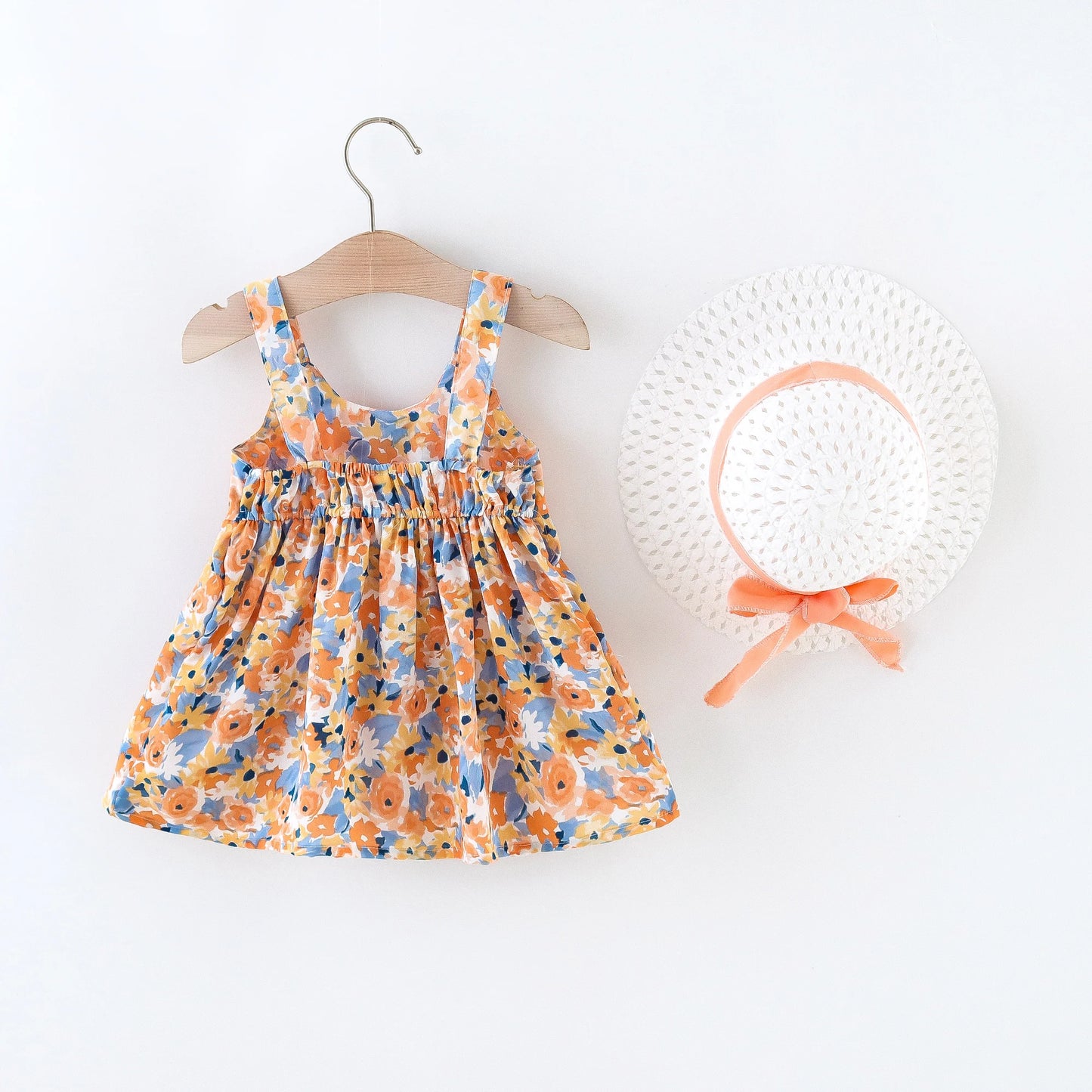 2Pcs/Set Flowers Baby Girl Dresses Summer Fashion Toddler Children Clothes Beach Smooth Dress Kid's Costume Hat 0 To 3 Y